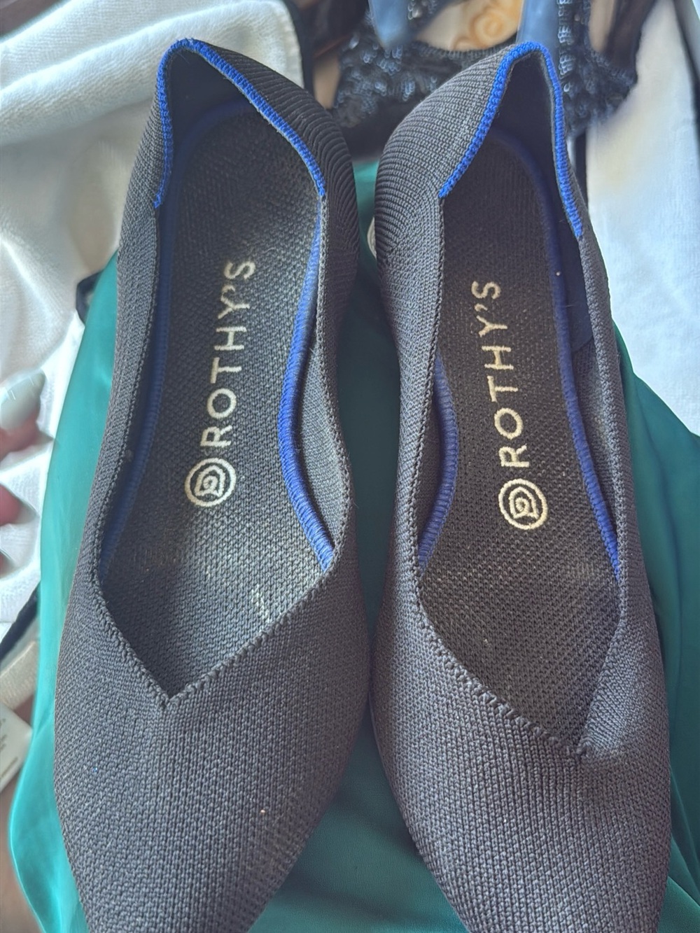 Rothy's Black Pointed Knit Flats with Blue Trim